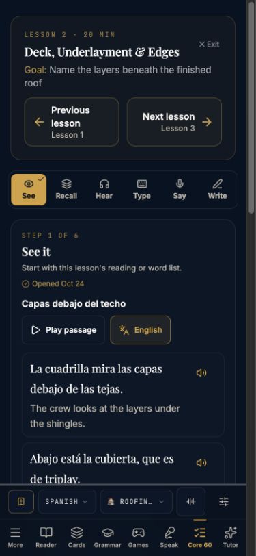 Actual app · Roofing Lesson 2, showing lesson text and the See, Recall, Hear, Type, Say, and Write practice modes